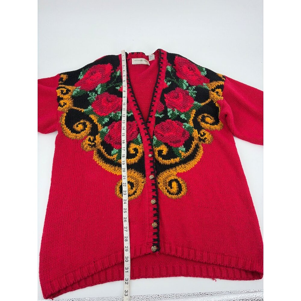Vintage 1980s Maggie Lawrence Womens 18/20 Floral Knit Cardigan Sweater Red Boho - Picture 7 of 8